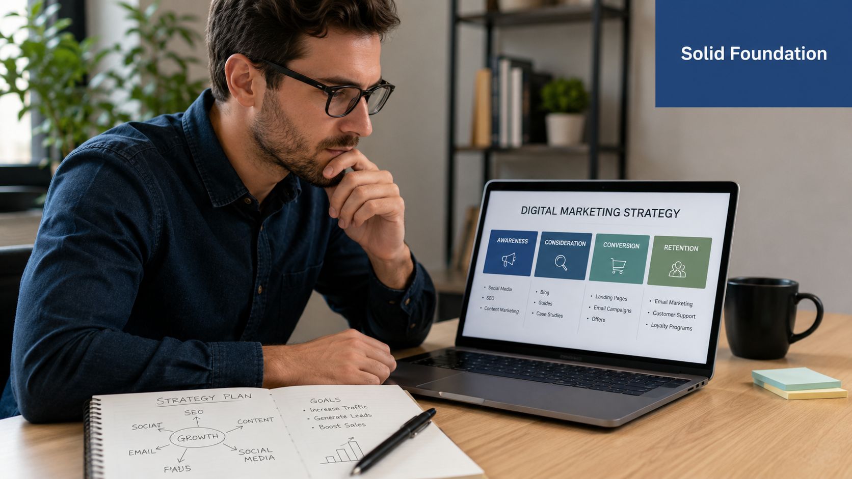 A professional man looks thoughtfully at a laptop screen displaying a comprehensive digital marketing strategy presentation.