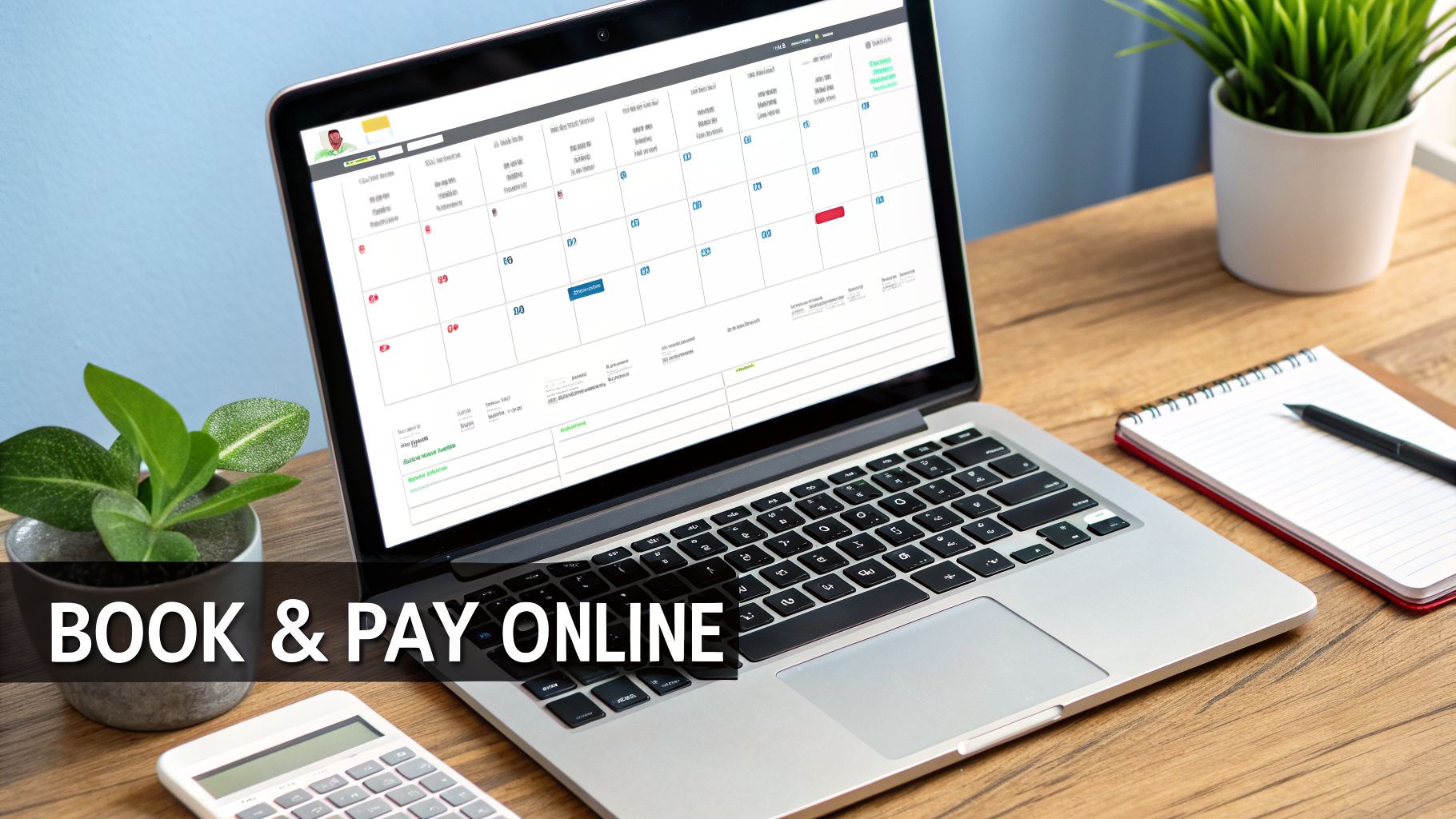 Laptop displaying an online booking calendar, with a calculator and notebook on a wooden desk. Text reads: Book & Pay Online.