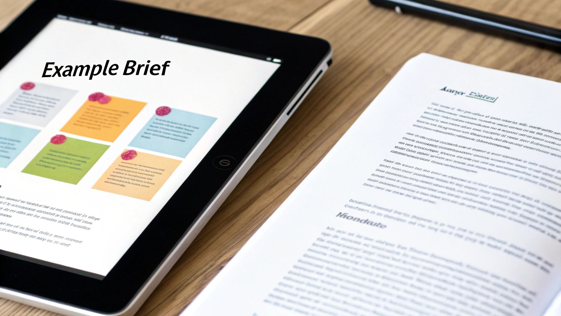 An iPad shows a 'Design Brief' document on a wooden desk, next to a printed report and a pen, highlighting creative project planning.