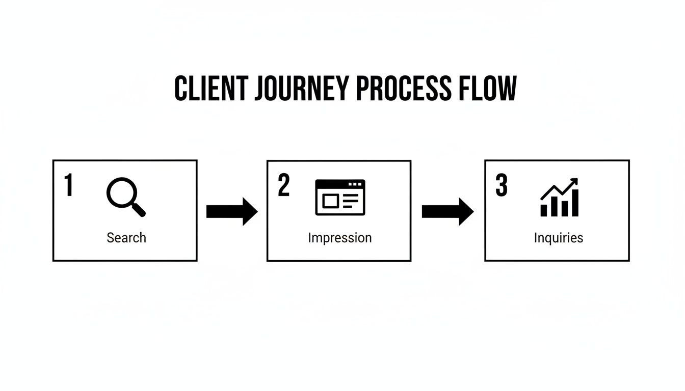 A client journey process flow diagram illustrating three key steps: Search, Impression, and Inquiries.