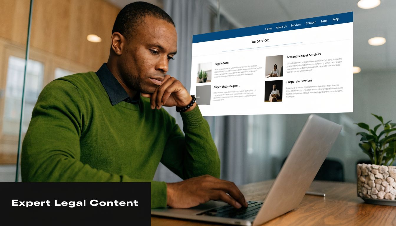 A professional man sitting at a desk and reviewing expert legal content on his laptop screen.