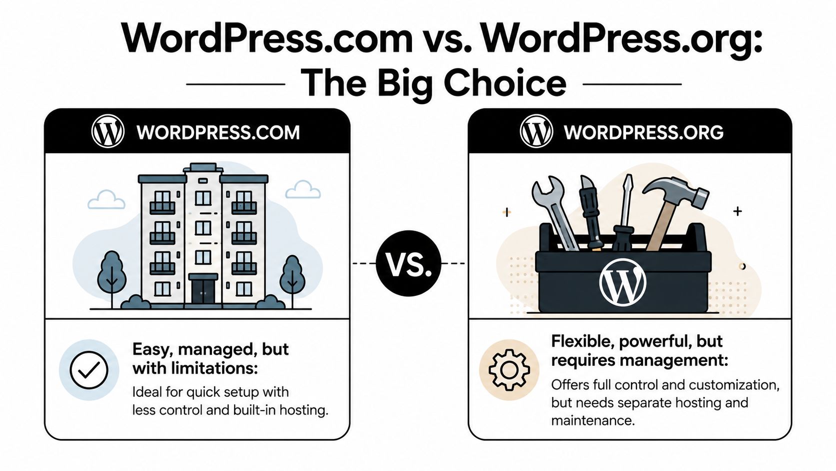 A comparison infographic between WordPress.com and WordPress.org highlighting differences in ease of use and customization control.