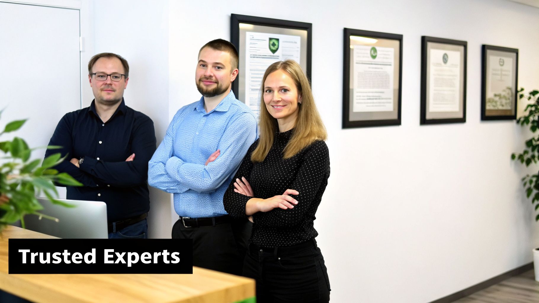 Three trusted experts, two men and a woman, stand confidently in an office setting.