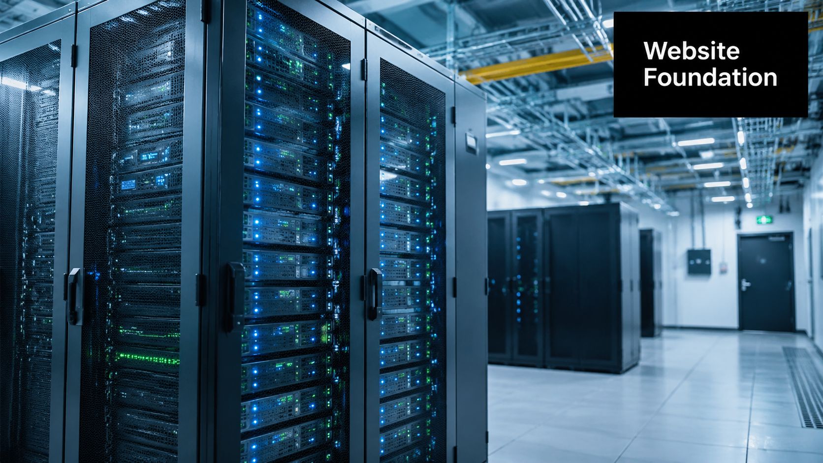 Multiple server racks containing computer hardware in a modern, well-lit data center facility.