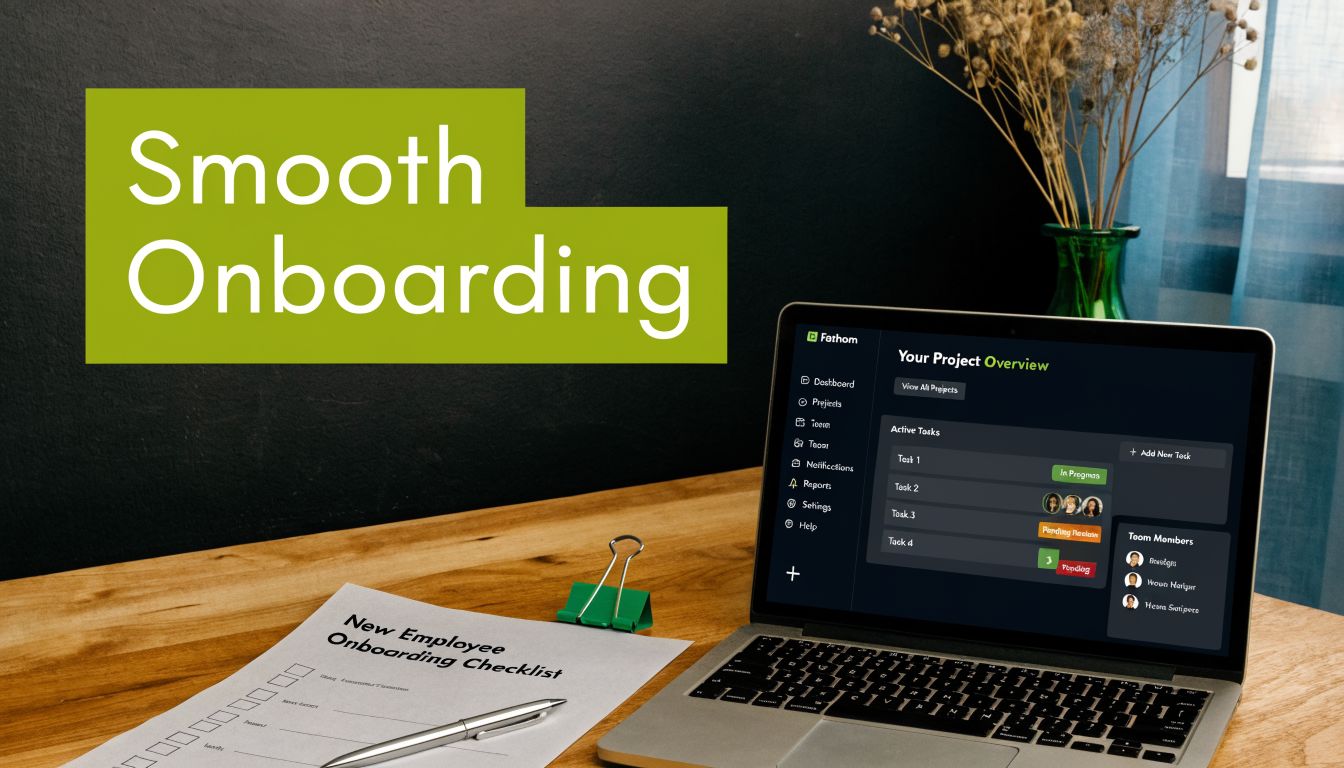 A laptop showing a project management interface and a printed new employee onboarding checklist on a desk.