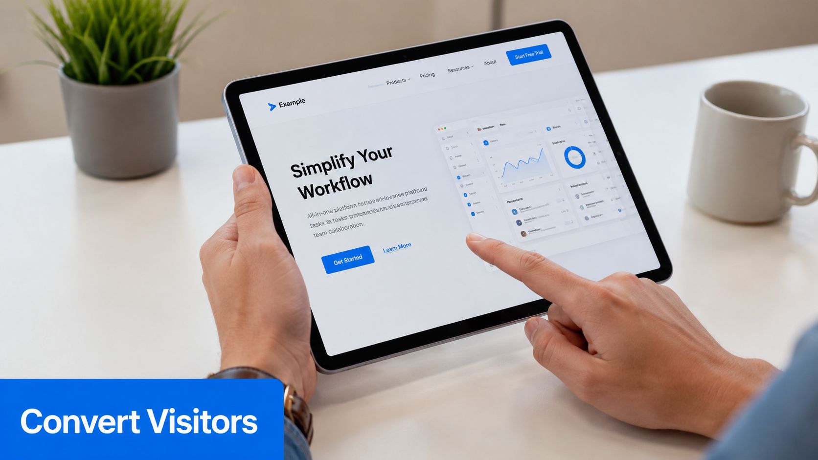 A person using a digital tablet to view a business productivity platform website for workflow management.