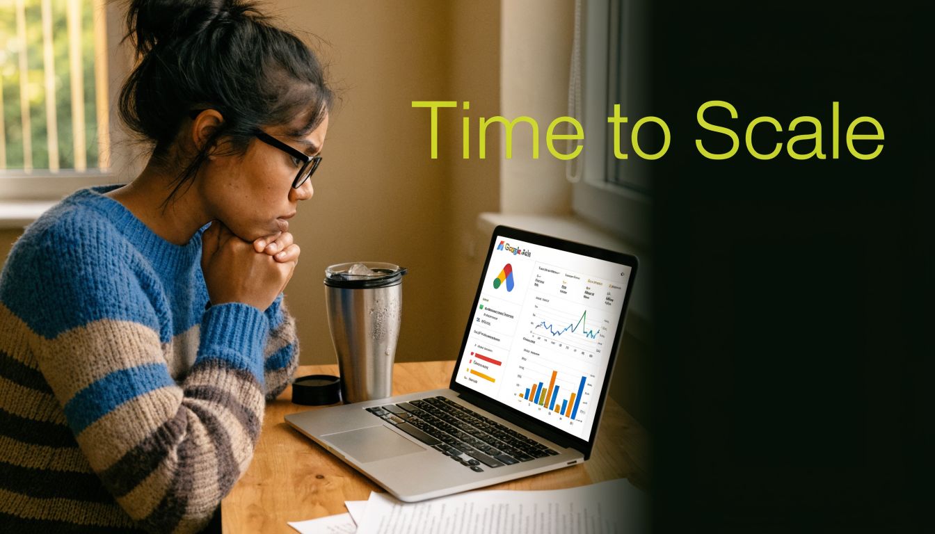 A focused woman reviewing Google Ads analytics on her laptop screen while sitting at a desk.