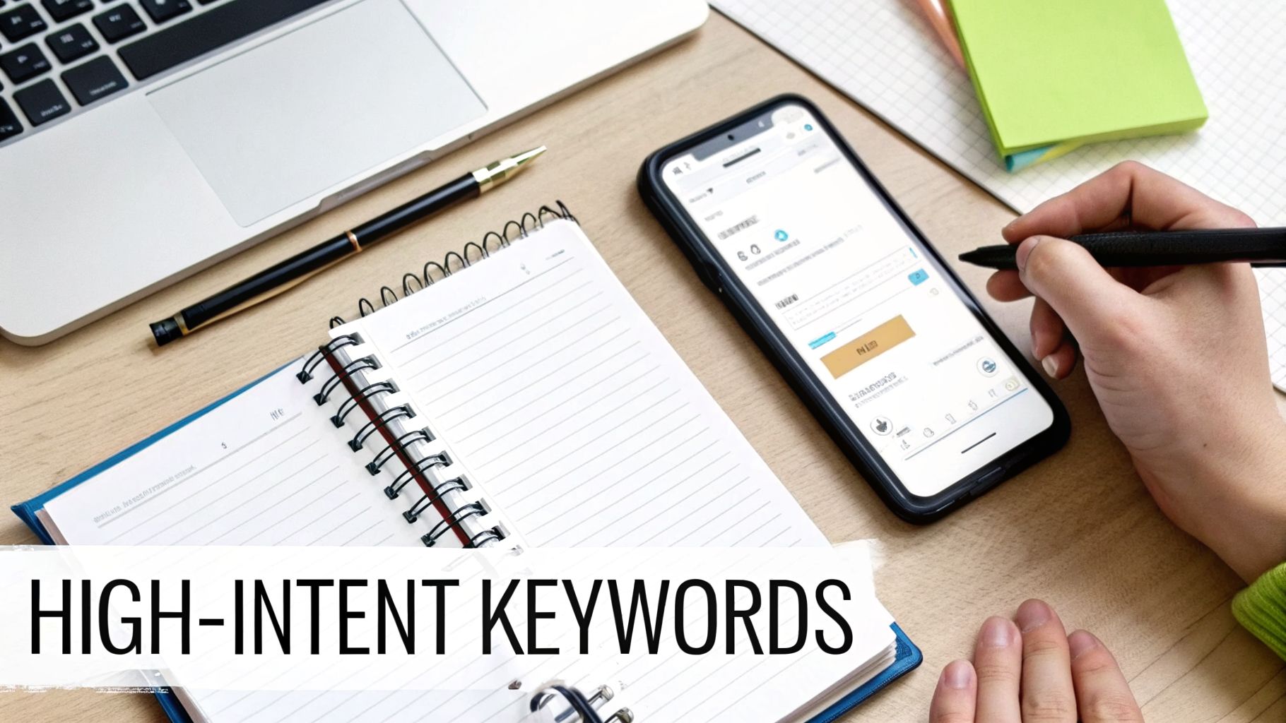 A person works at a desk with a laptop, smartphone, and notebook, with 'HIGH-INTENT KEYWORDS' text overlay.