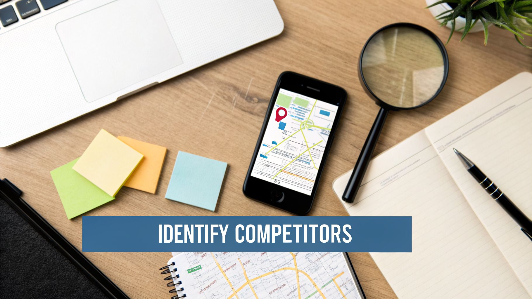 Flat lay of a desk with a laptop, smartphone map, magnifying glass, and 'IDENTIFY COMPETITORS' banner.