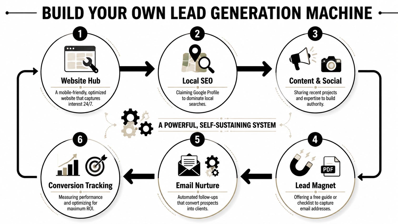 An infographic showing a six-step cyclical process for building a professional lead generation marketing system.