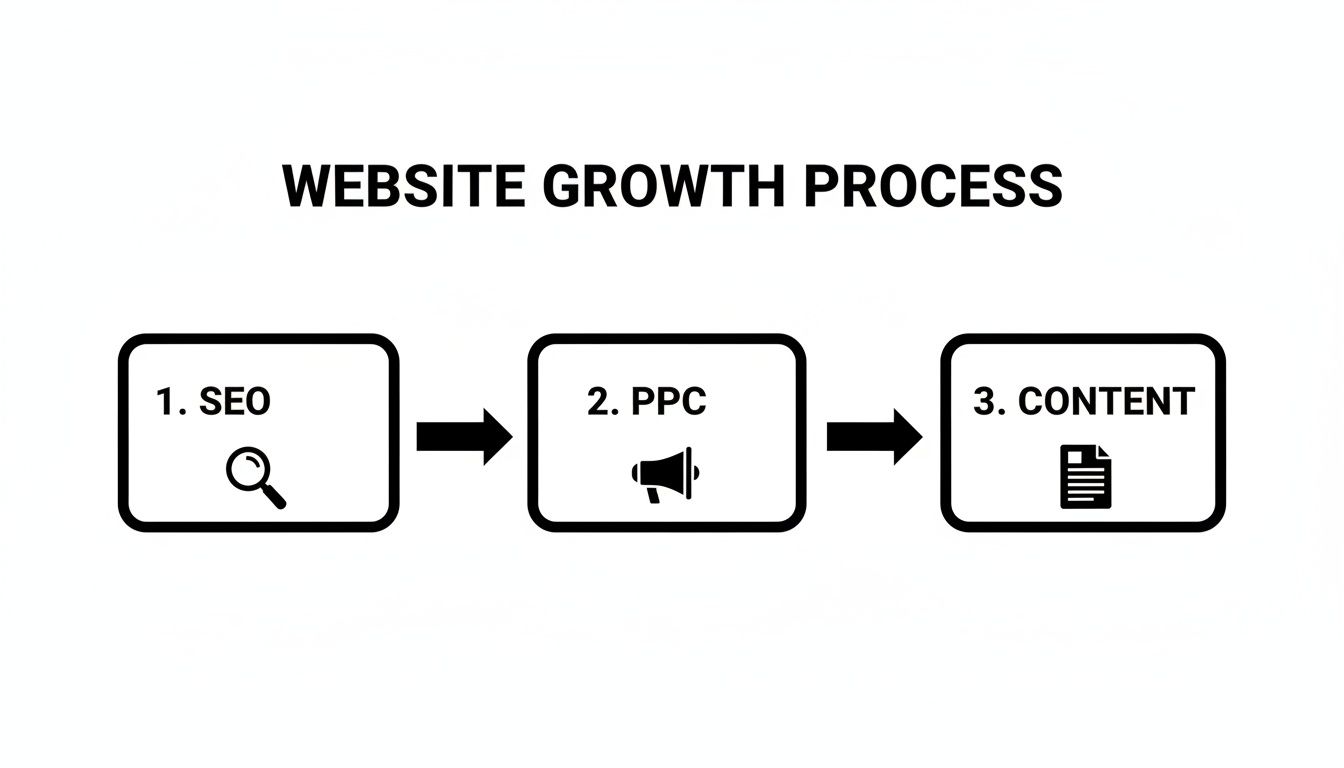 Diagram illustrating the website growth process through three key steps: SEO, PPC, and Content marketing.