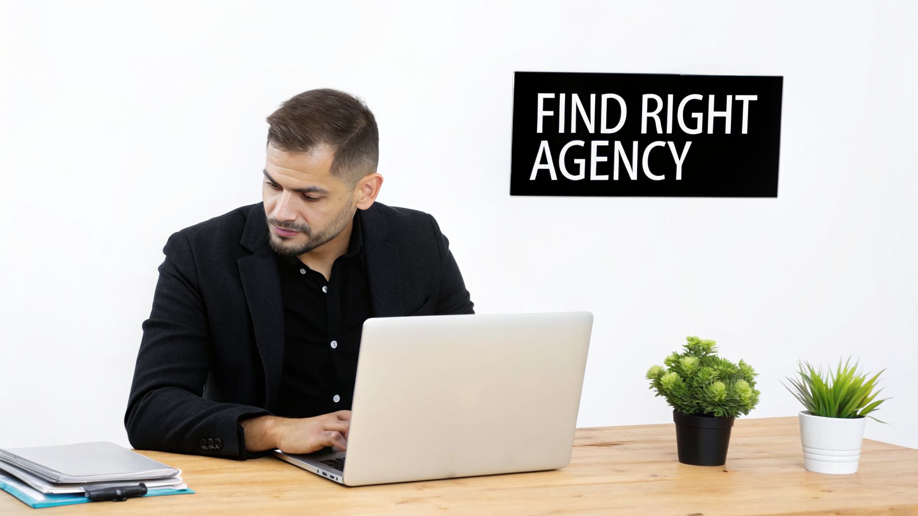 A focused man working on a silver laptop at a wooden desk with plants and a "FIND RIGHT AGENCY" sign.
