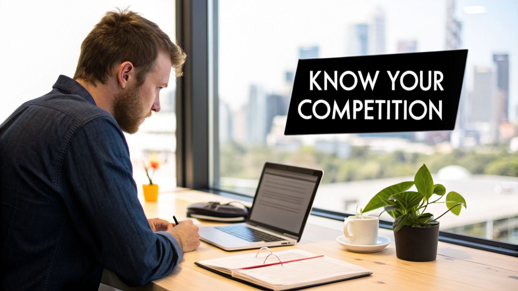 A focused man writing at a desk with a laptop and plants, overlooking a city and "KNOW YOUR COMPETITION" sign.
