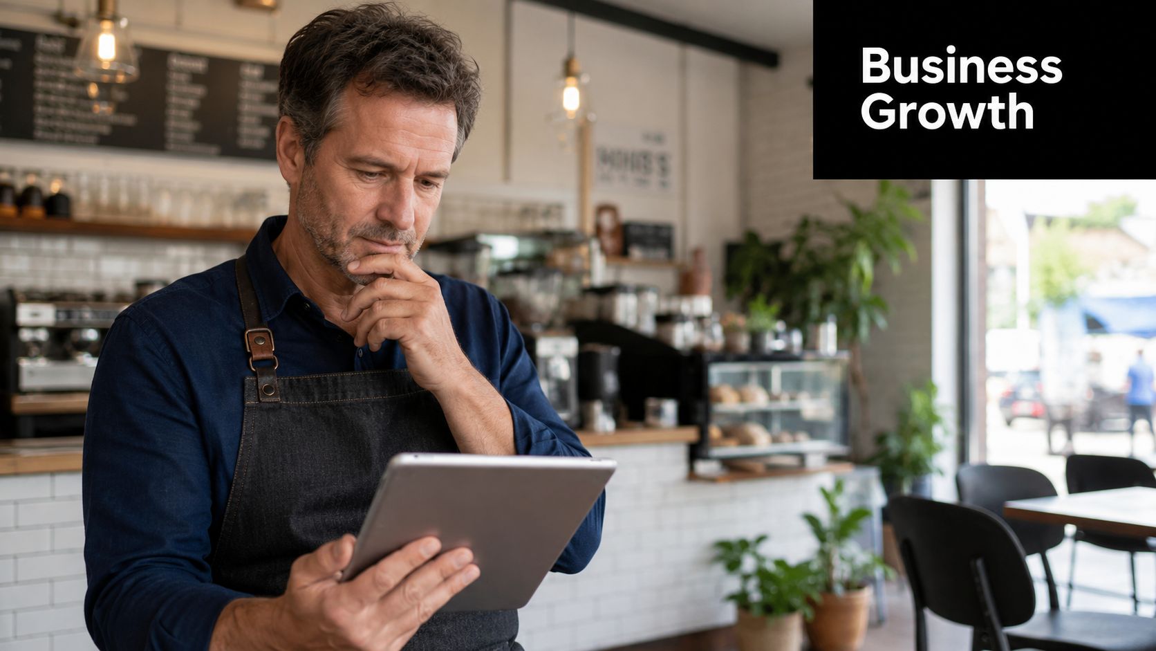 A thoughtful café owner wearing an apron uses a digital tablet to analyze business growth metrics.