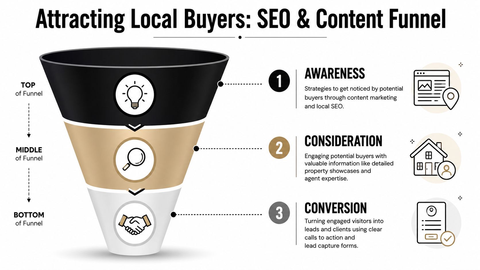 A diagram illustrating a three-stage funnel for attracting local real estate buyers through SEO and content.