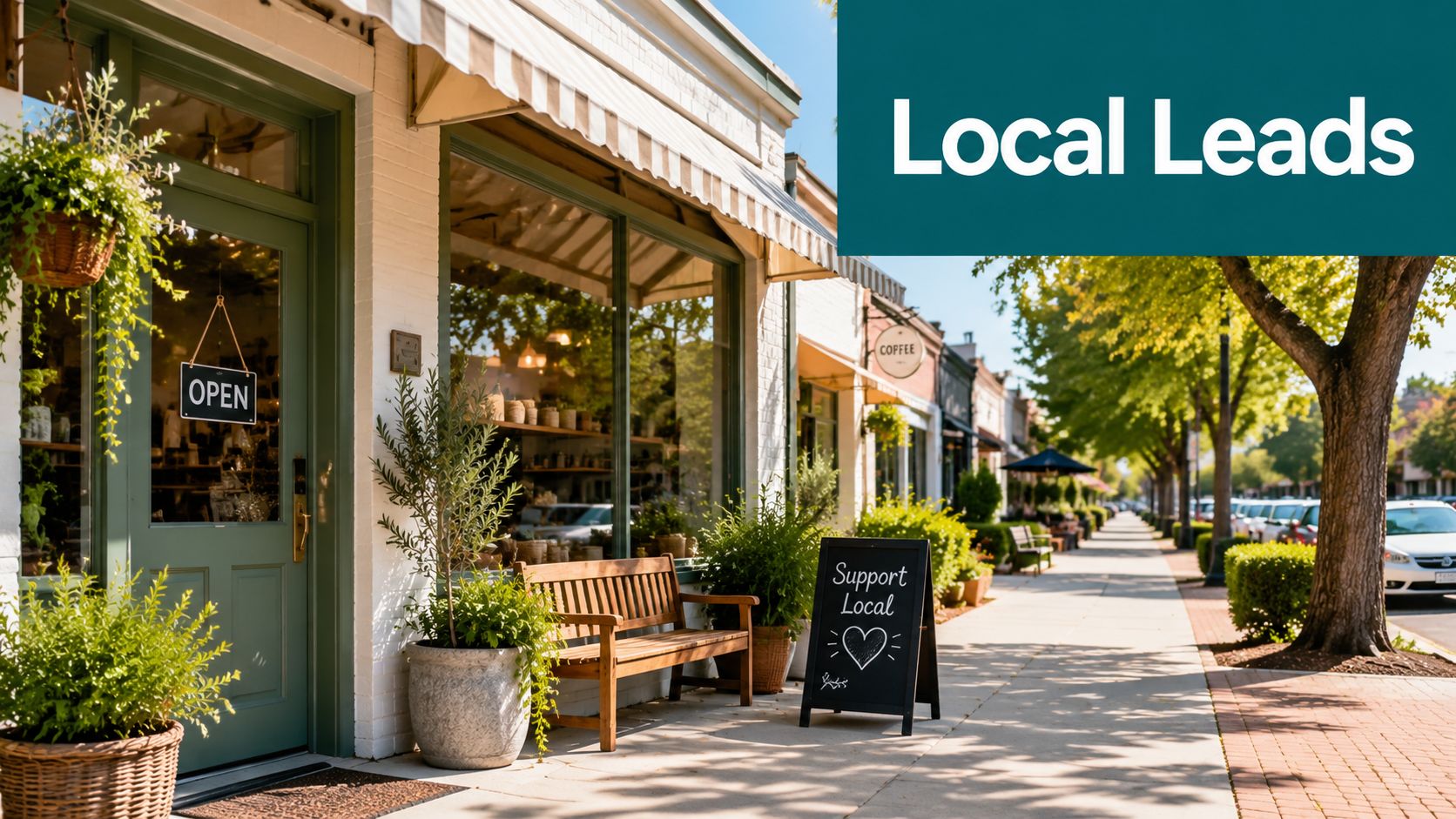 A charming storefront on a sunny street with a sign inviting shoppers to support local businesses.