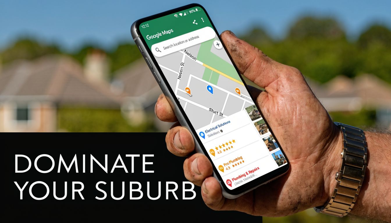 A close-up view of a tradesman holding a smartphone displaying Google Maps results for local plumbing services.