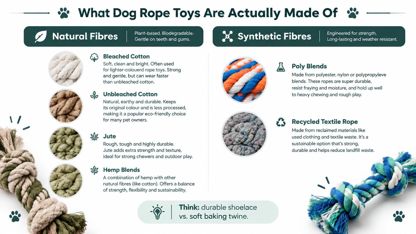An infographic detailing various natural and synthetic materials used in manufacturing durable dog rope toys for pets.