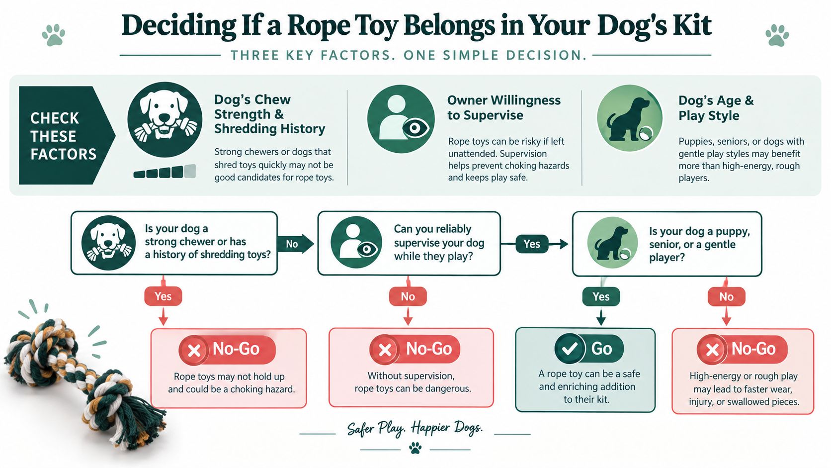 An infographic guiding dog owners on whether to give their pet a rope toy for safe play.