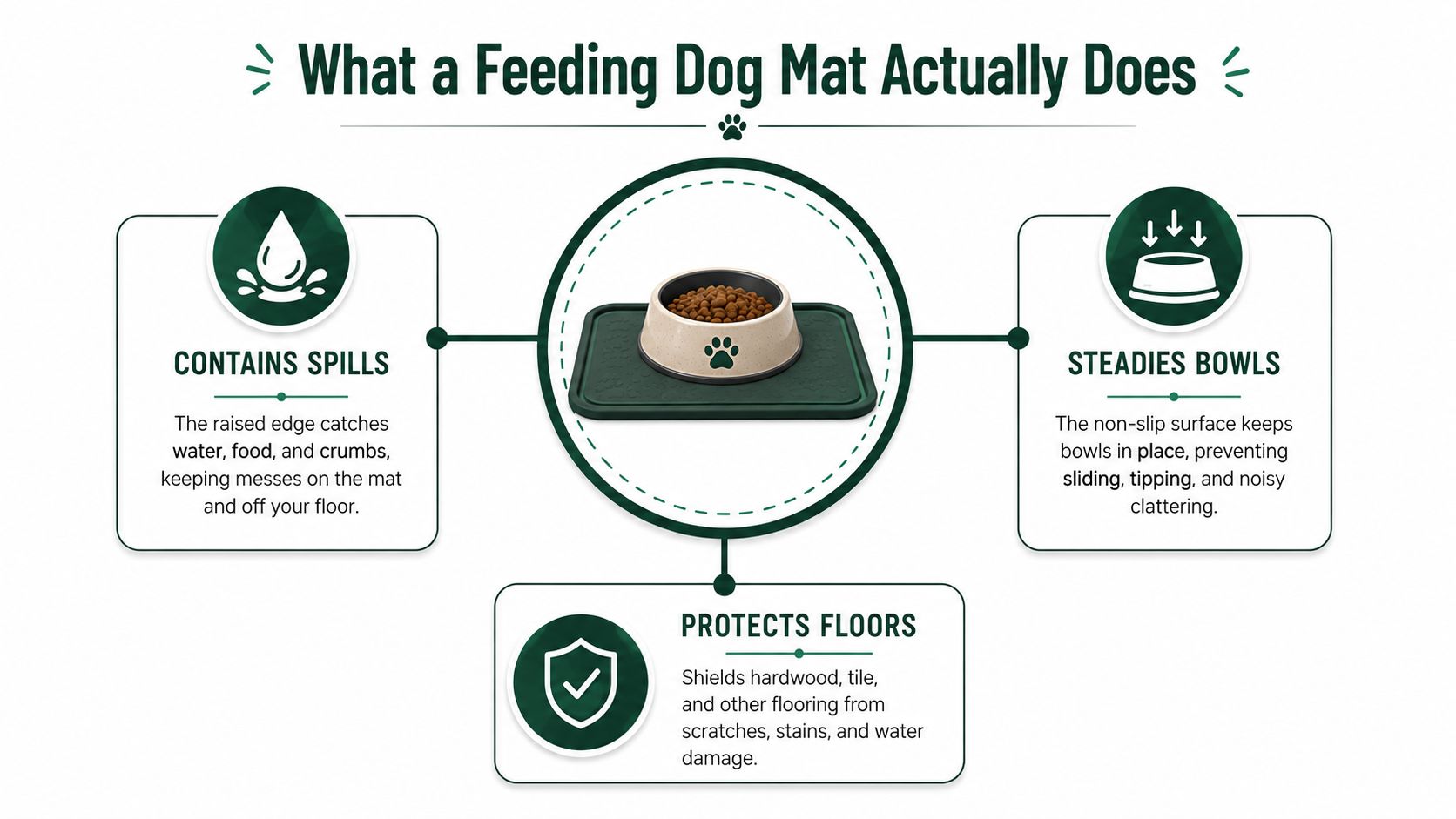 An infographic illustrating the benefits of using a feeding dog mat to contain spills and protect floors.