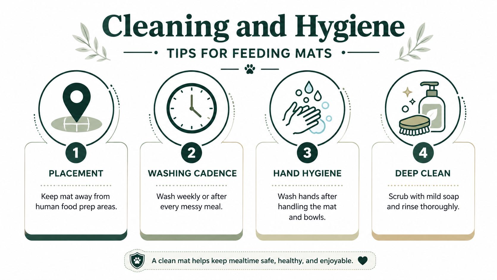 An infographic titled Cleaning and Hygiene tips for pet feeding mats with four numbered instructional icons.