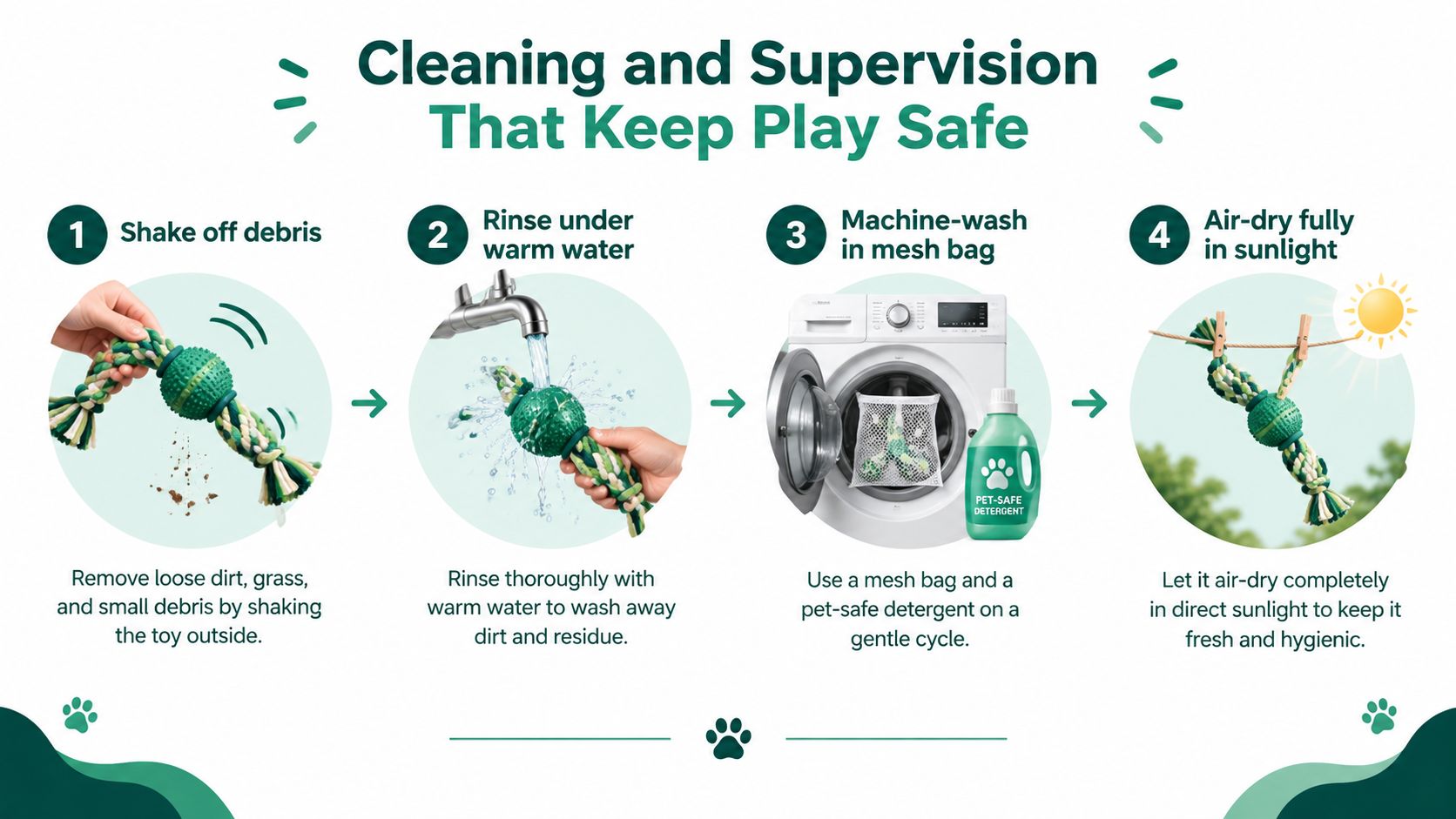 A four-step infographic illustrating how to clean and sanitize a rope dog toy with a green ball.