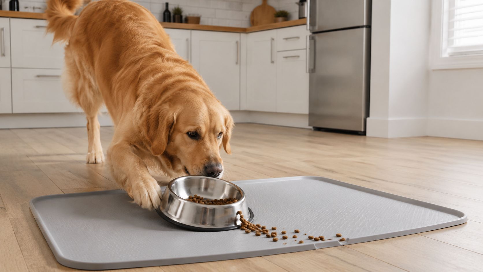 A golden retriever dog eating dry food from a metal bowl placed on a grey mat.