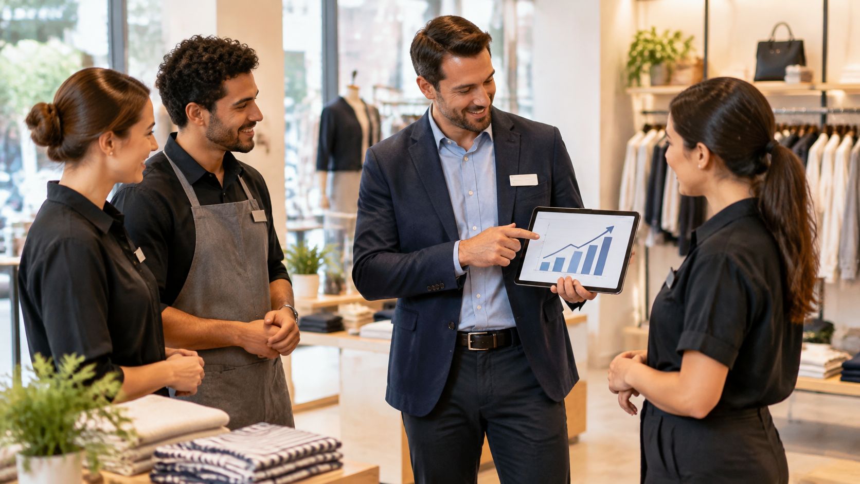 A professional manager presenting a successful sales growth chart on a tablet to his retail staff.