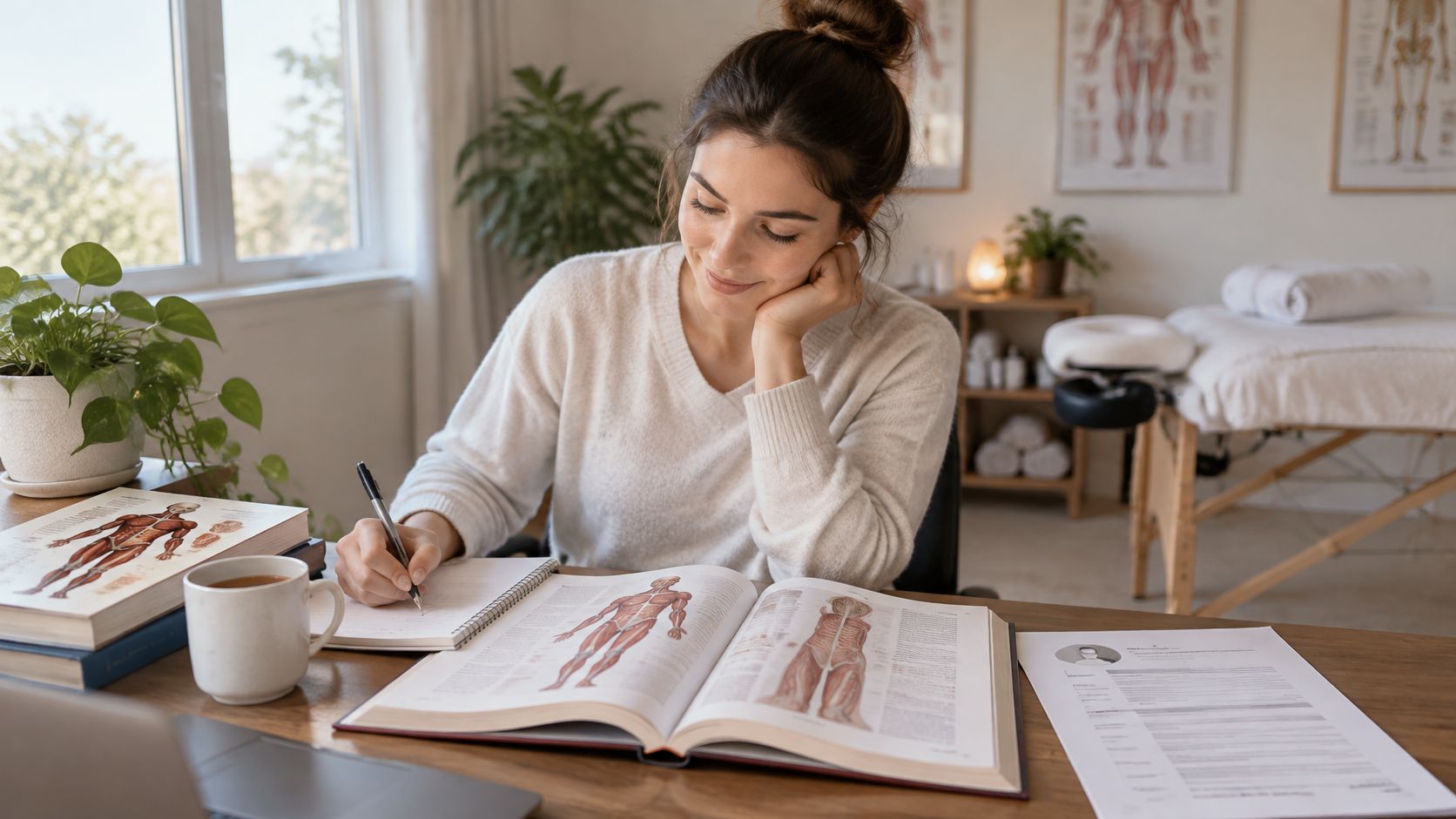 A young female student studies anatomy from textbooks while taking notes at her wooden desk.