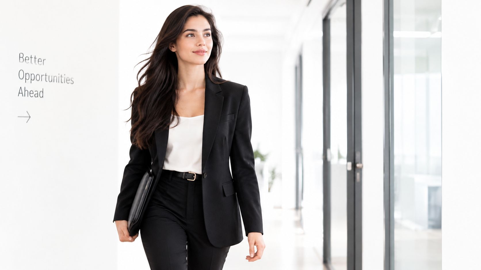 A professional woman in a business suit walking confidently through a bright office hallway with a folder.