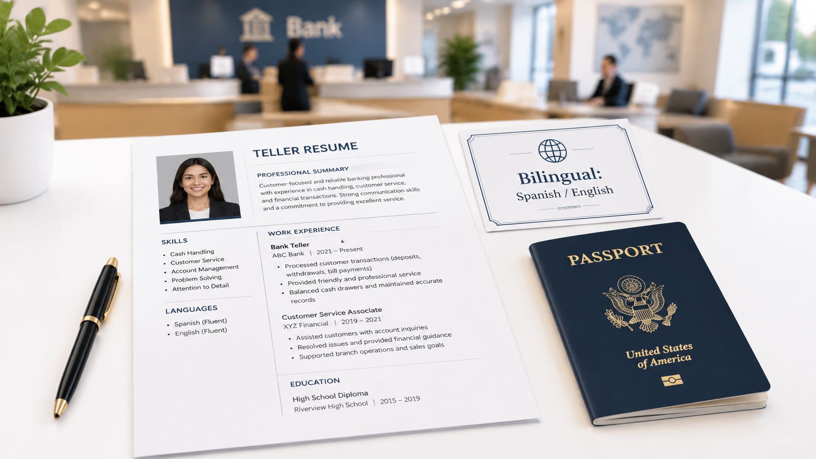 A professional bank teller resume with a passport and language certification on a desk at a bank.