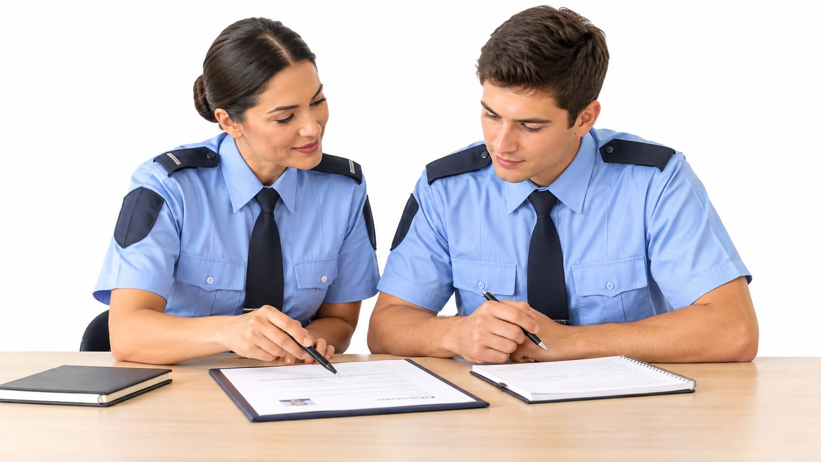 A female and a male police officer in uniform sitting at a desk reviewing legal documents.