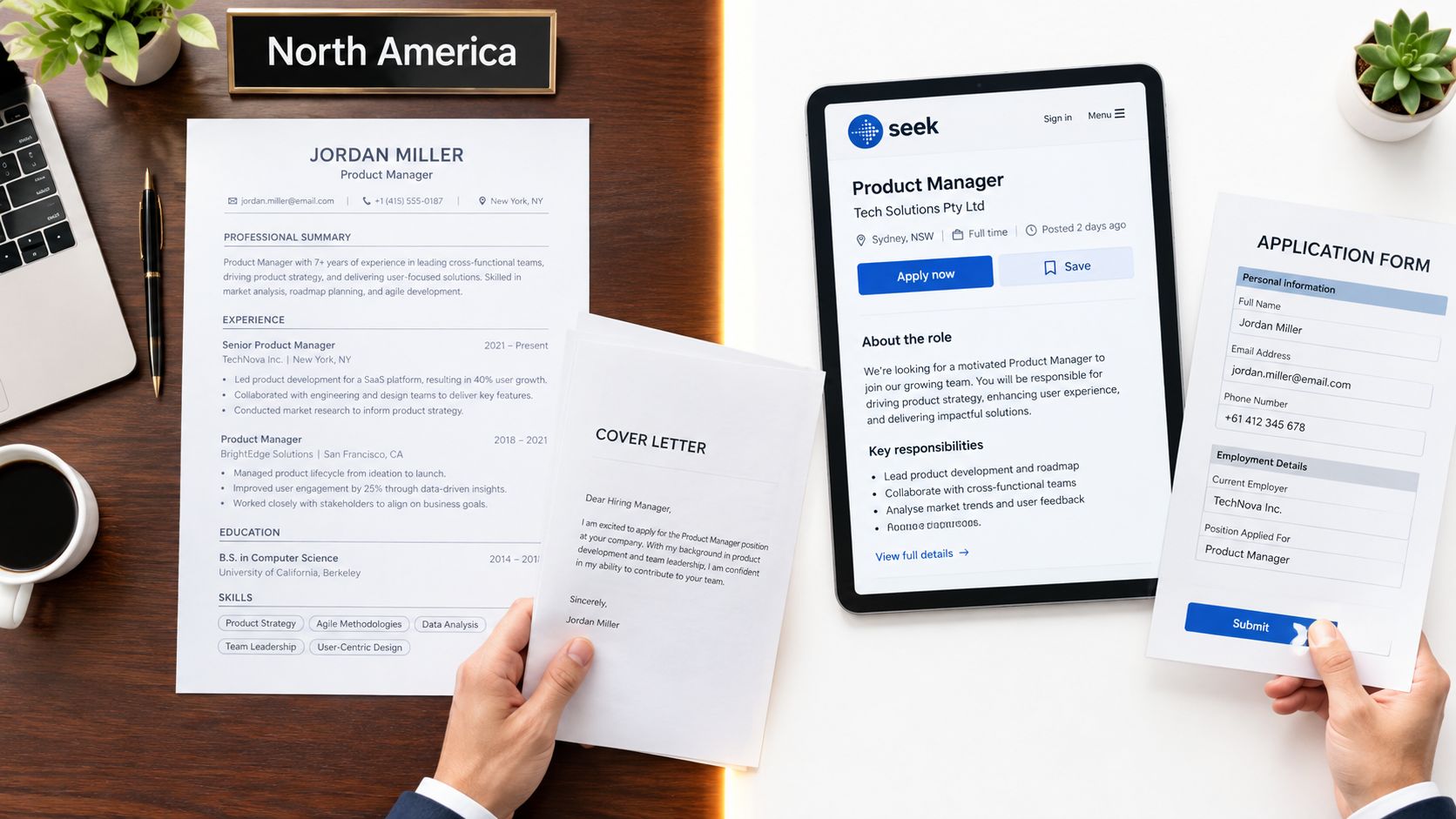 An overhead view showing a resume, cover letter, and online job application form on a wooden desk.