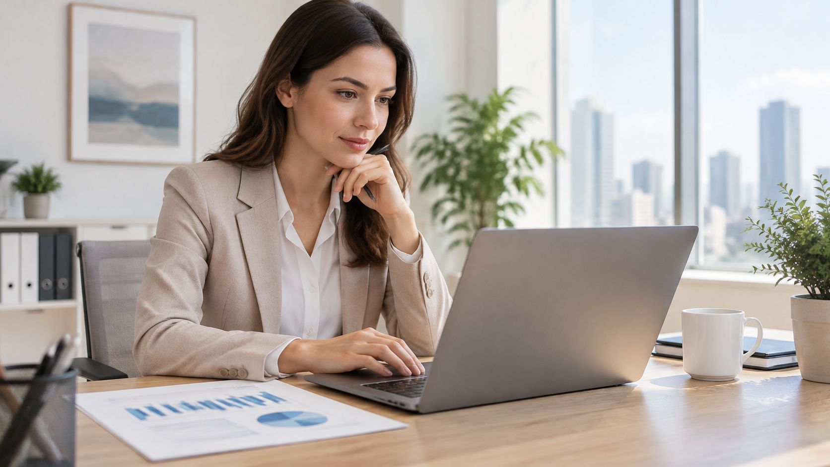 A professional woman working on a laptop at her desk while reviewing financial charts in an office.