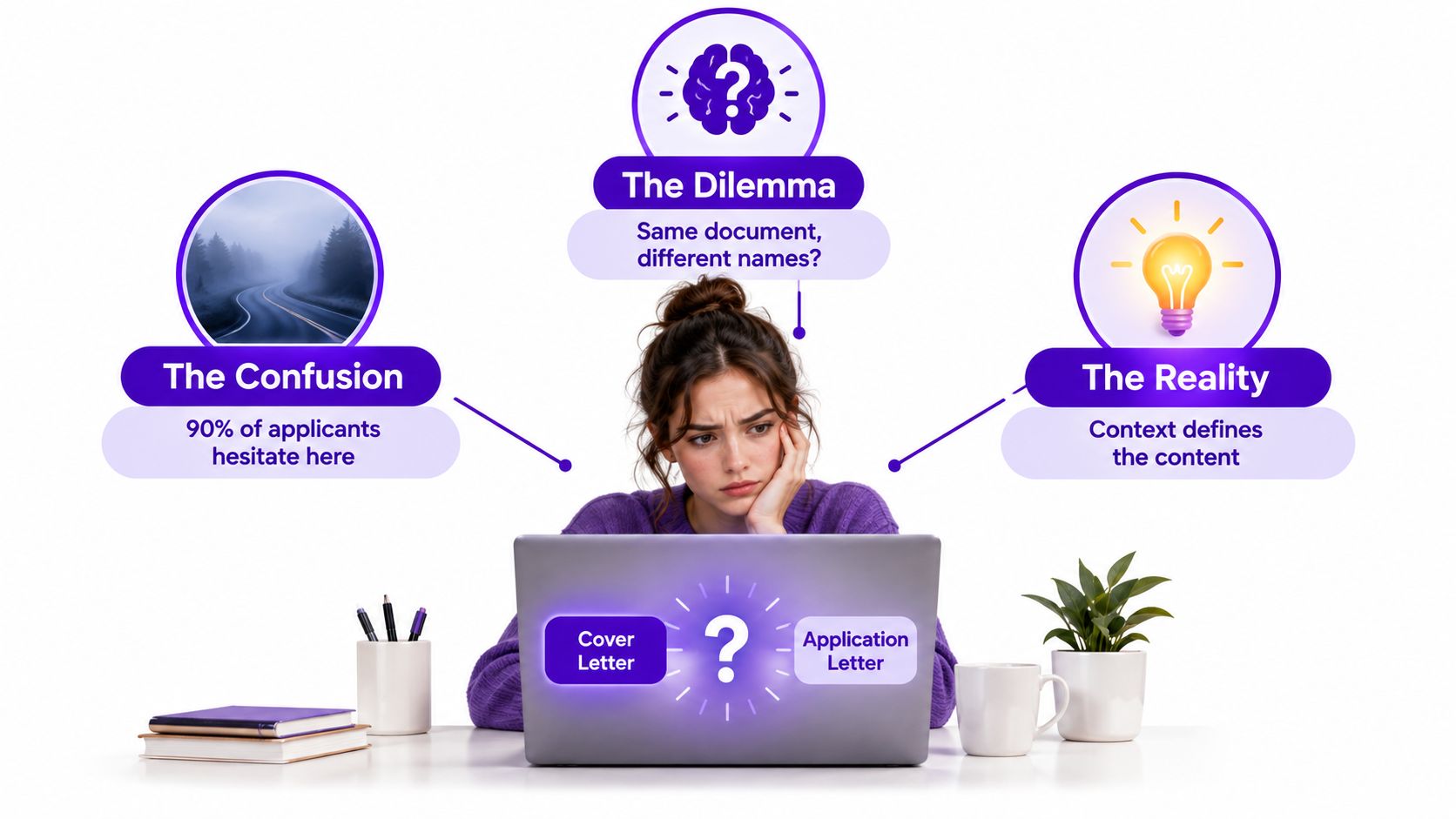 A woman looks confused at her laptop while questioning the difference between a cover letter and application letter.