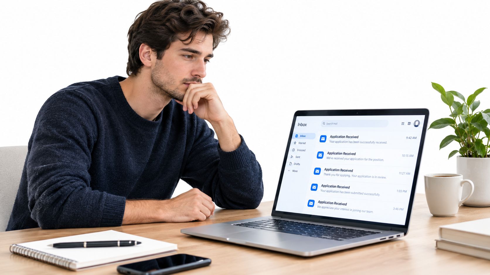 A focused man reviews job application confirmation emails on his laptop at a tidy wooden office desk.