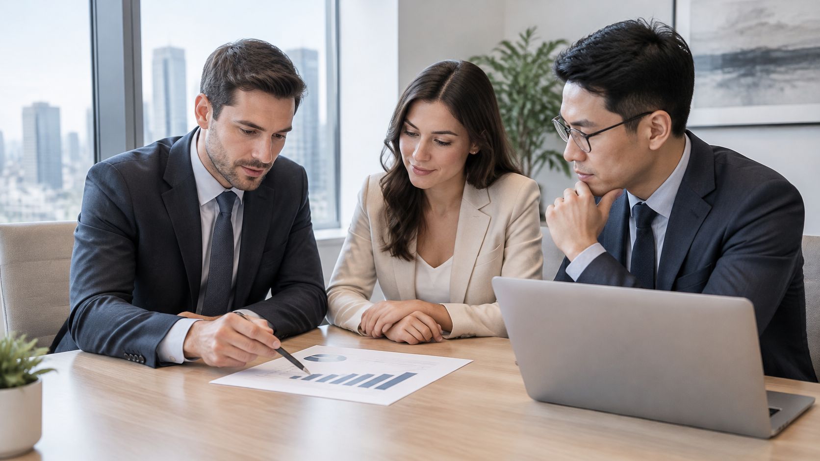 A professional team of financial analysts discussing data and business charts in a modern office boardroom.