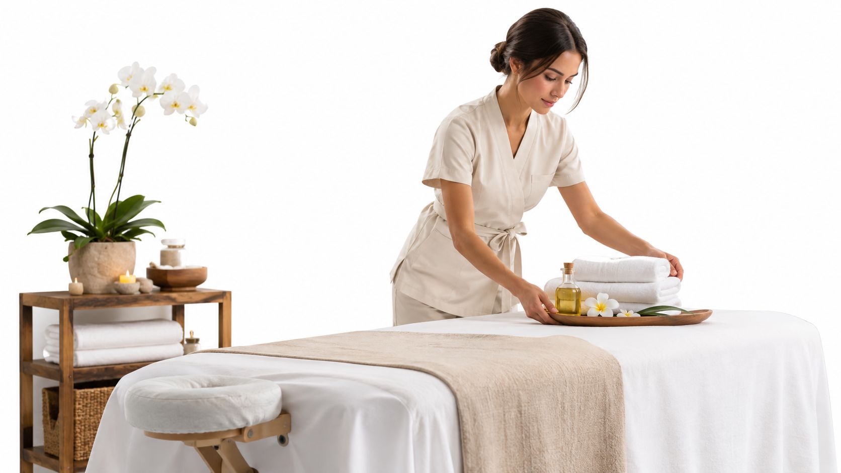 A professional massage therapist setting up a clean, tranquil treatment table in a serene wellness spa.