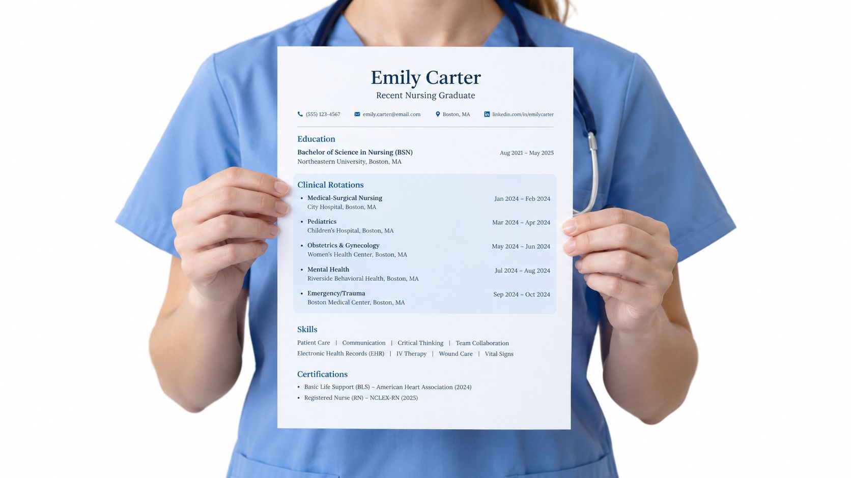A person in blue medical scrubs holding a professional nursing resume for a recent graduate candidate.