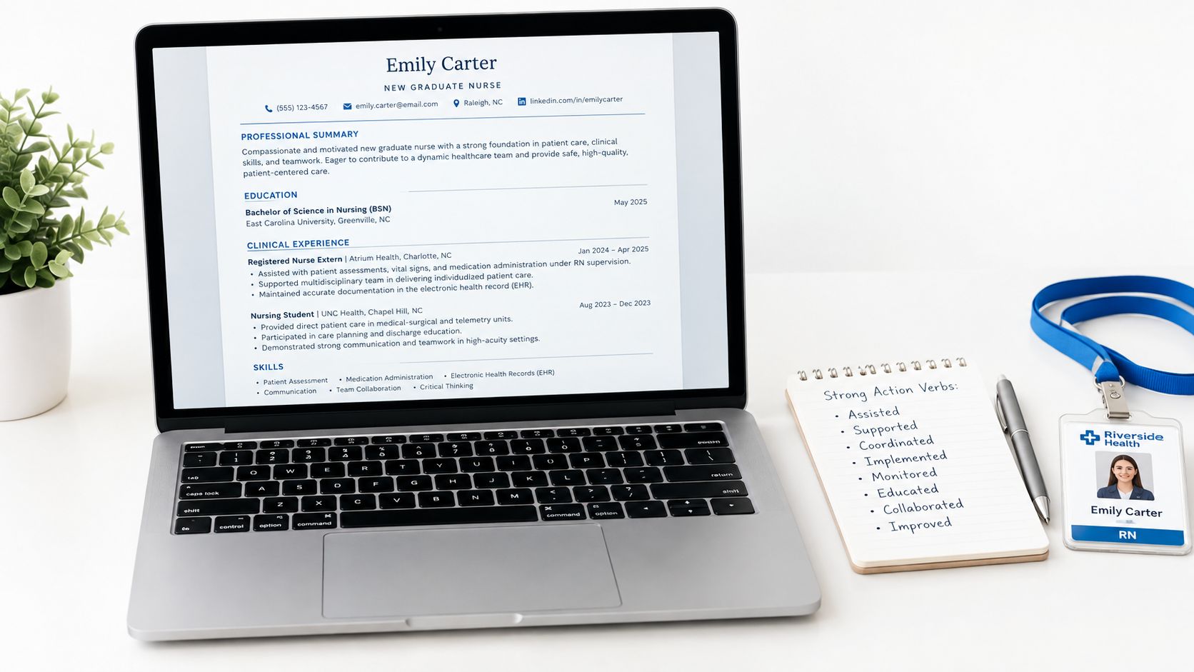 A professional new graduate nurse resume displayed on a laptop screen next to a notepad and badge.