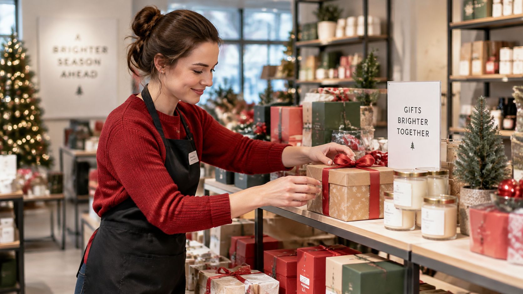 A friendly retail worker wrapping a gift box on a shelf in a cozy Christmas-themed boutique store.