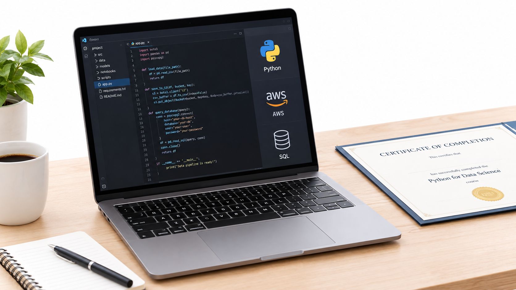A laptop displaying data science code next to a Python course certificate on a wooden desk.