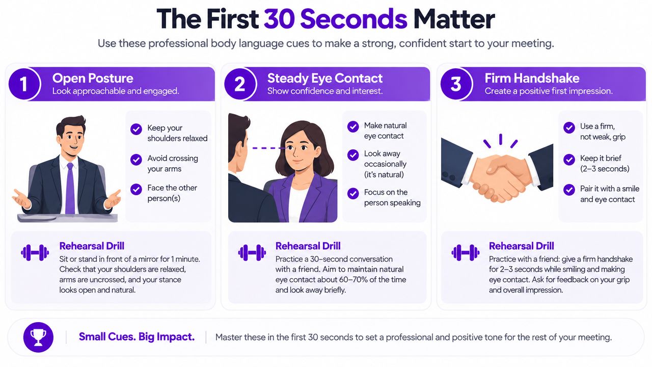 An infographic illustrating three body language cues for professional meetings including open posture, steady eye contact, and firm handshakes.
