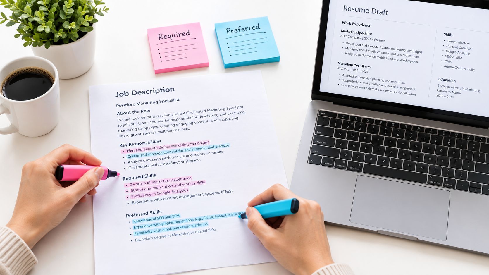 A person highlighting key skills on a job description document next to a laptop displaying a resume.