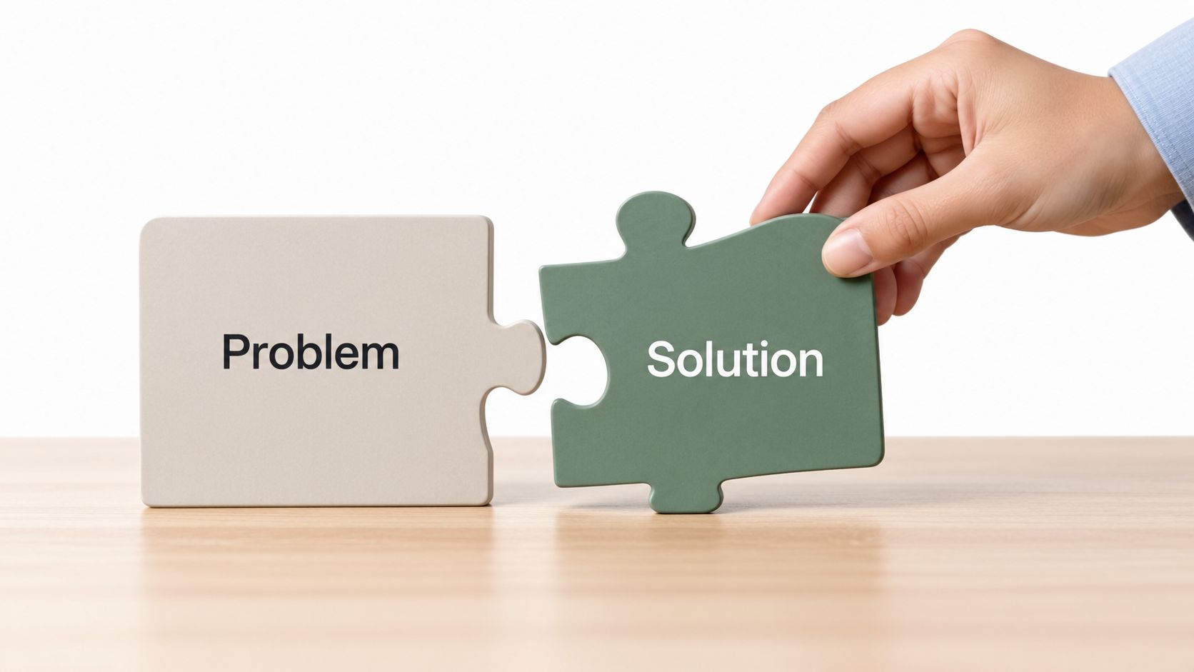 A hand placing a green puzzle piece labeled Solution next to a beige piece labeled Problem.