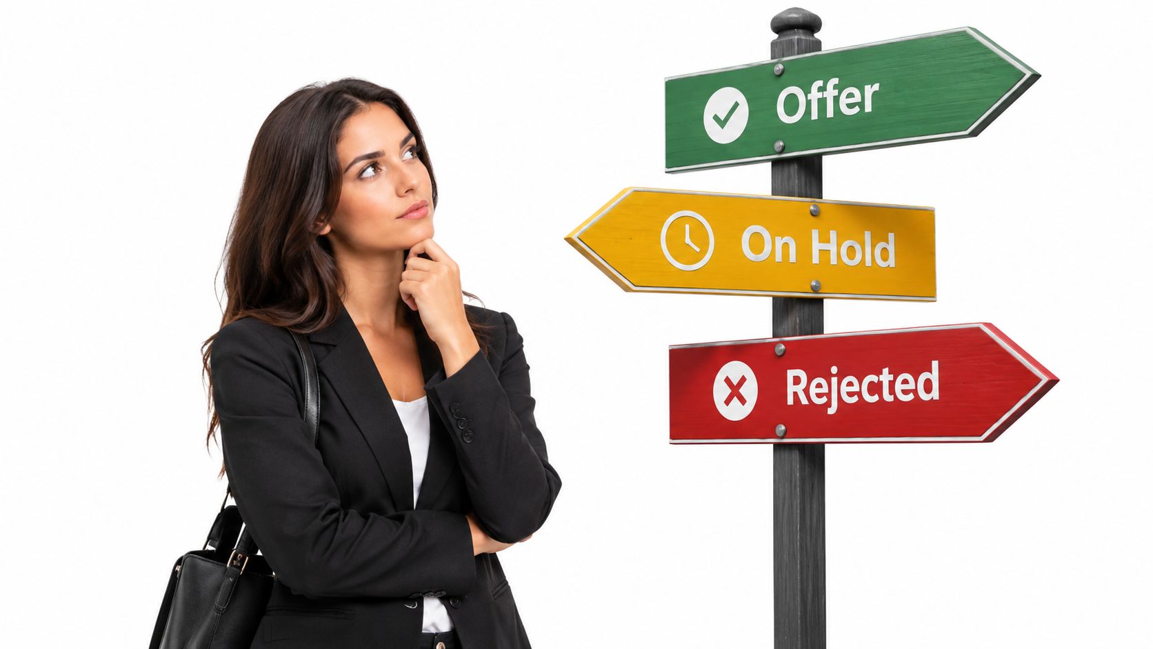 A person at a crossroads looking at a sign with arrows for 'Offer,' 'On Hold,' and 'Rejected' statuses.