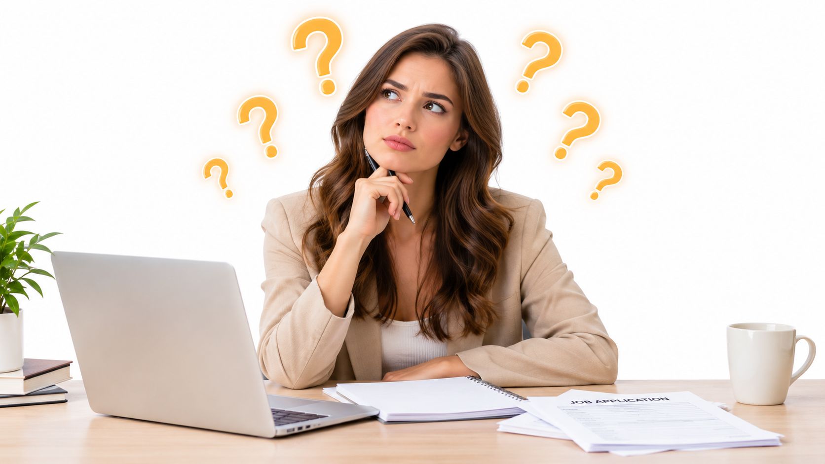 A person looks thoughtfully at their computer, with illustrative question marks floating around their head representing job search questions.