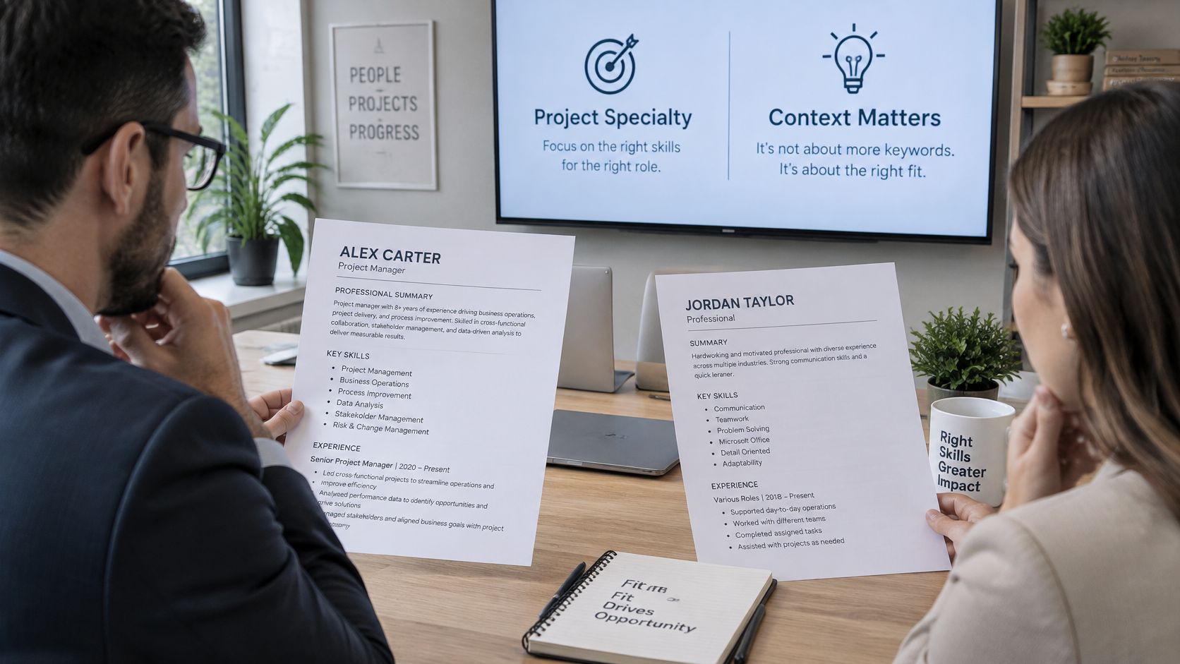 A professional man and woman review two different resumes while discussing hiring strategies in an office setting.