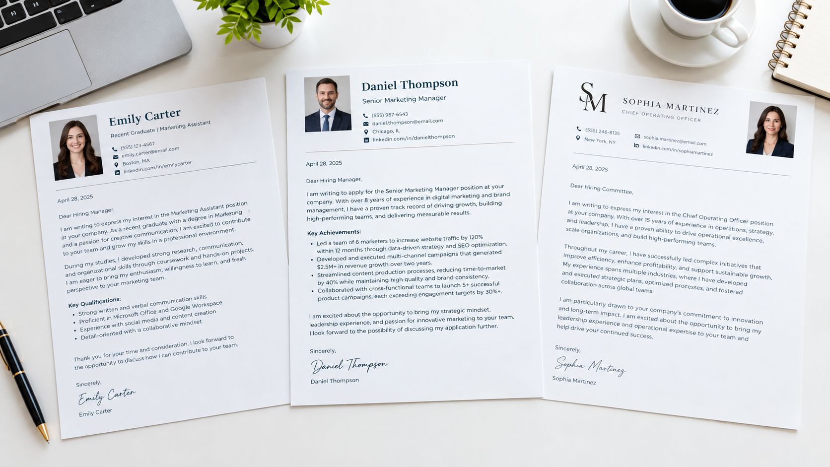 Three professional cover letters for different job applications laid out on a clean white desk with office supplies.