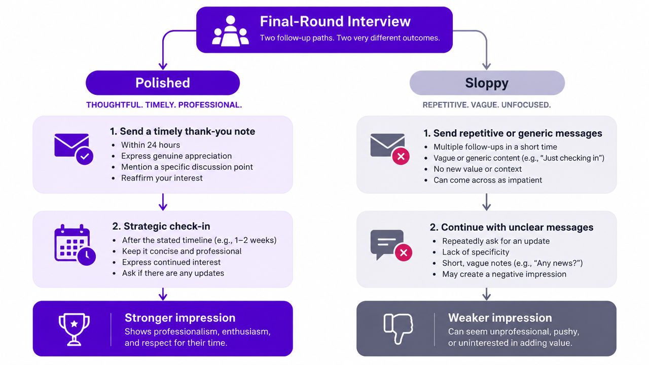 A flowchart showing how to follow up after a final job interview, contrasting professional and sloppy communication methods.